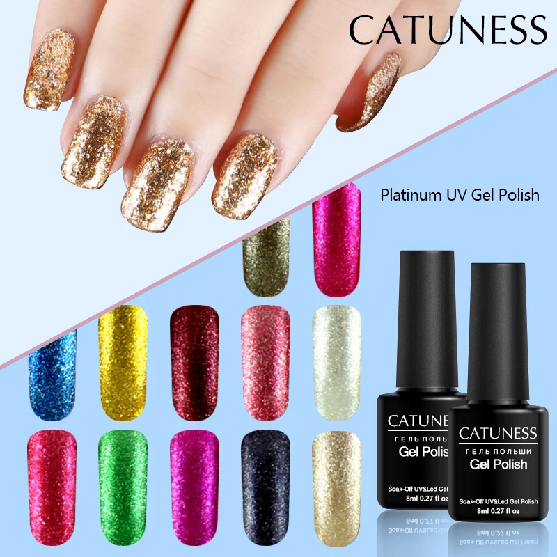 

CATUNESS Colorful Platinum Gel Varnish UV LED Glitter Lucky Nail Soak French 12 Color Flashing Glue Art Design Gel Polish Nail