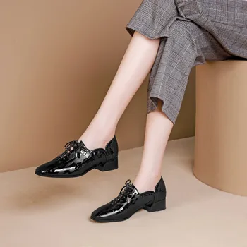 

MLJUESE 2020 women pumps cow leather autumn spring lace up square toe wine red color high heels lady shoes party size 34-42