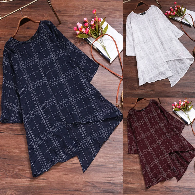 ZANZEA Women Linen Blouse 2019 Summer Autumn Plus Size Tops Long Sleeve Plaid Shirts Oversized Baggy Casual Vintage Blusa 5XL