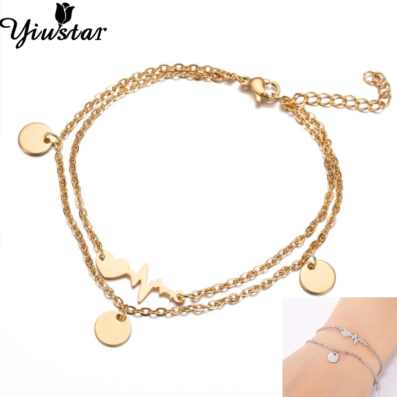 

Yiustar Gold Color Double Layer Coin Hearbeat Bracelets Boho Women Girls Stainless Steel Pedant Round Geometric Bracelets Gifts