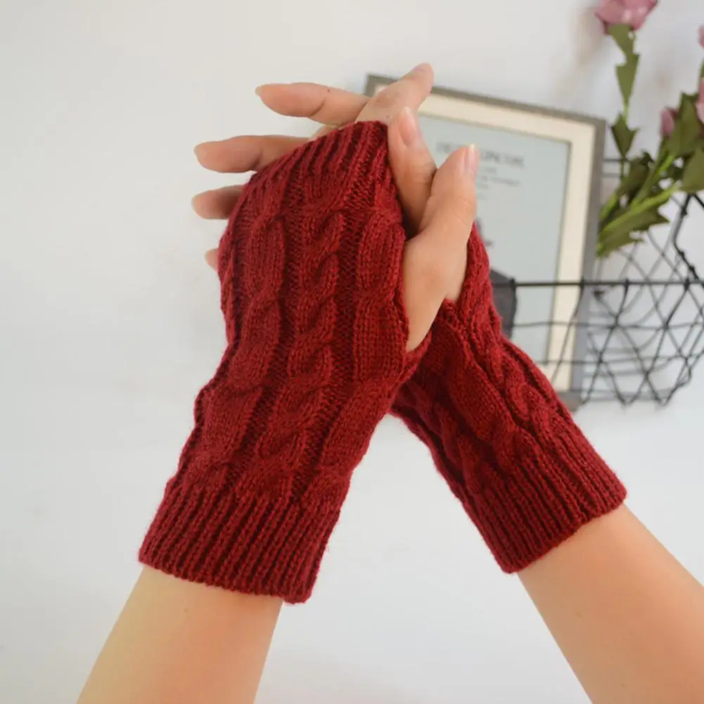 Зимние резиновые перчатки Модные женские мужские мягкие теплые варежки вязаные без пальцев однотонные вязаные теплые перчатки варежки - Color: Jujube Red