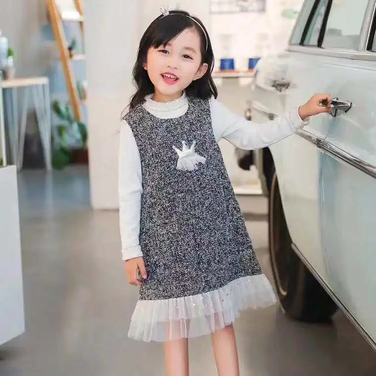 

Girls Dress 2018 Autumn&Winter Brand Girls Kids Offshoulder Grey Mesh Patchwork For Birthday Girls Clothing Party Boutique