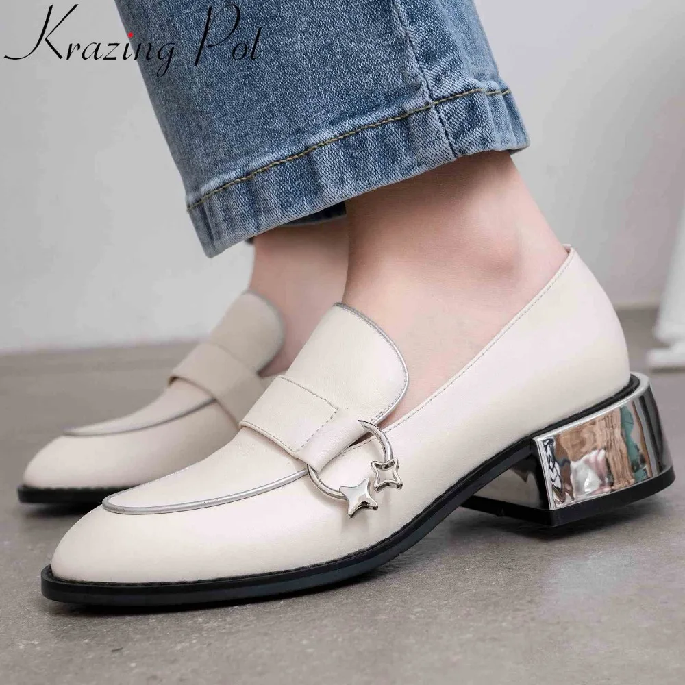

Krazing Pot Preppy British style metal decoration chunky med heels natural leather breathable pumps round toe slip on shoes L45