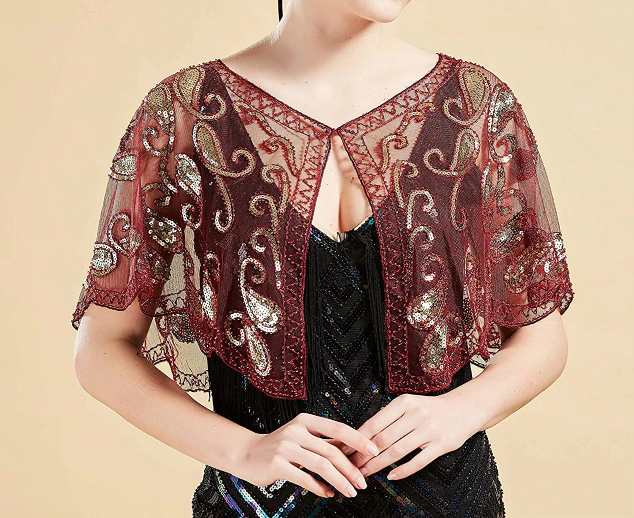 

1920s Shawl Wraps Sequin Beaded Evening Cape Bridal Shawl Bolero Flapper Cover Up Women Retro Sequined Mesh Capes