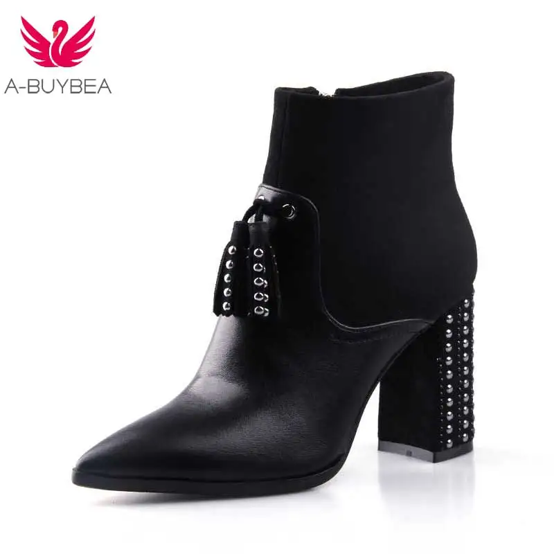 

Women's PU Leather Ankle Boots Female Tassels Rivet Ladies Shoes Booties Chunky High Heels Pointed Toe New Zipper Winter Autumn