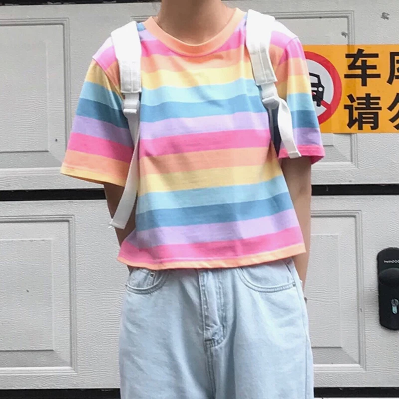 

Cute Summer Crop Top Women Preppy Style O Neck Loose Striped Rainbow T Shirt Harajuku Kawaii Short Sleeve Korean Tshirt Femme
