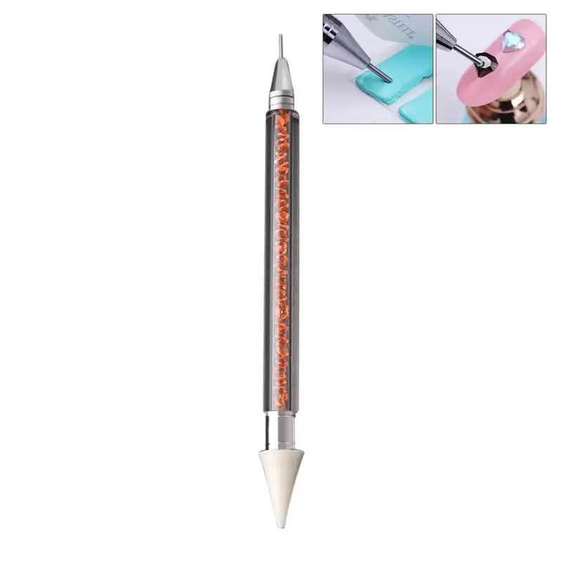 1pc Dual-ended Nail Dotting Pen Crystal Beads Handle Rhinestone Studs Picker Wax Pencil Manicure Glitter Powder Nail Art Tools - Color: Orange