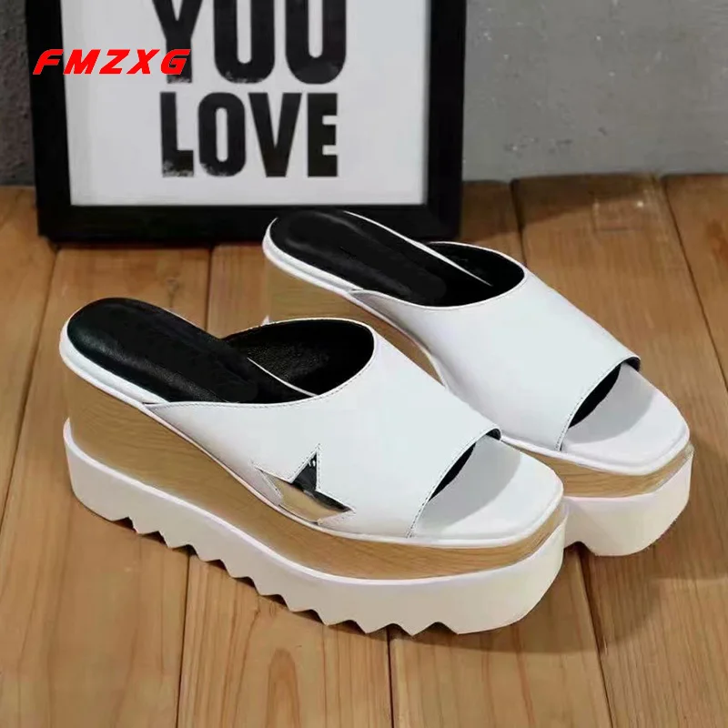 

FMZXG Women Wedges Genuine Leather Slippers Shoes Platform Spring/Autumn Fashion Flats Mujer Woman Shoe 2018 Spring Beach Shoes