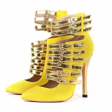 

2019 new women's shallow gold studded rivets with women's high heels yellow bright sexy Roman shoes pointed high-heeled sandals