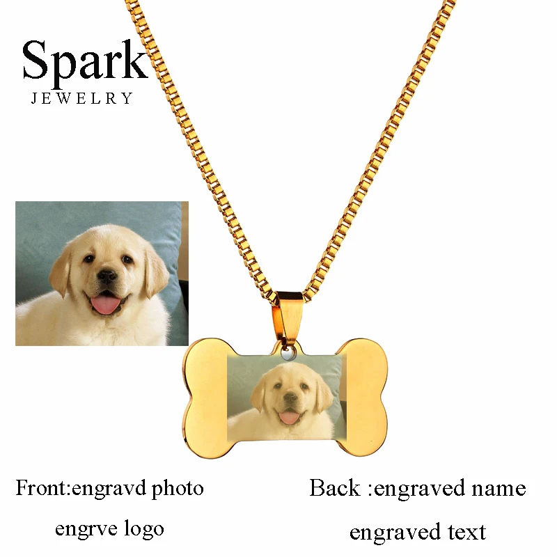 

Personalised Gift 316L Stainless Steel Custom Personalized Name Photo 3 Colors Bones Dog Tag Pendant Necklace