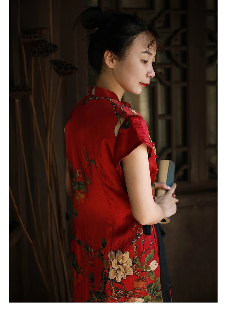 LZJN High Quality Summer 100% Real Silk Print Dress Split Qipao Chinese Style Long Cheongsam Slim Classic Women's Dress Custom (9)