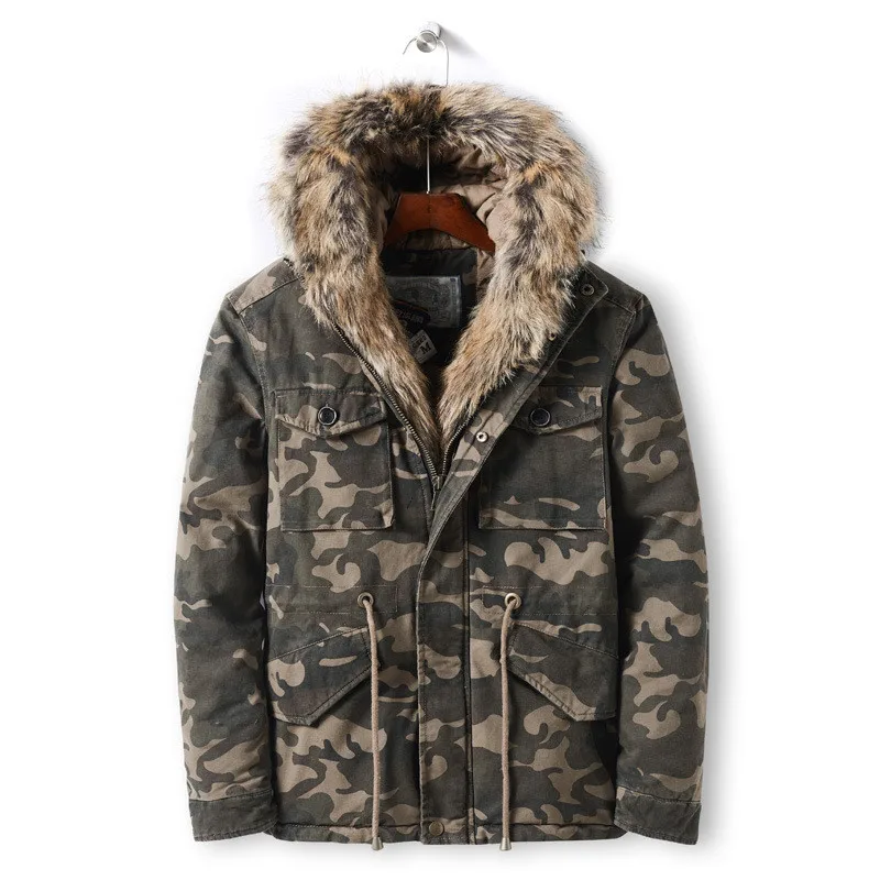 

MORUANCLE Men's Warm Camouflage Jackets And Coats With Fur Hood Military Style Thick Thermal Outerwear Windbreaker Cotton Lined