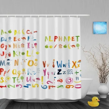 

Oil Painting Animals Alphabet Letters Kids Shower Cutains Baby Nursery Bathroom Curtains Polyester Waterproof Fabric With Hooks