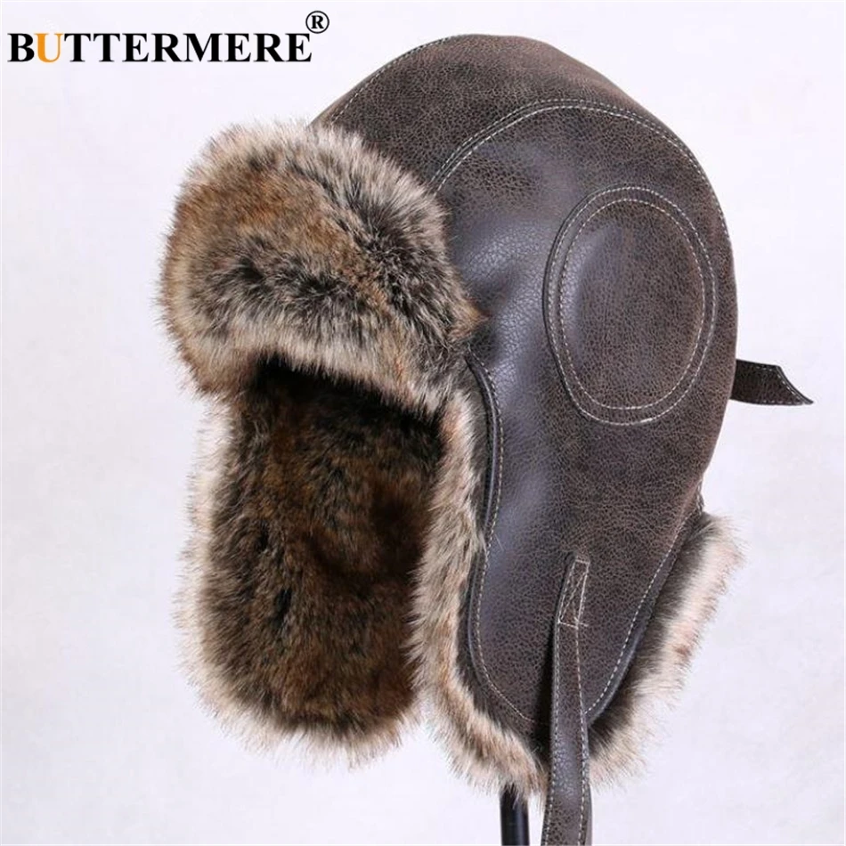 Comprar BUTTERMERE invierno sombreros para hombres y mujeres orejeras marrones cuero ruso invierno gorro ushanka bombardero Trapper sombrero hombre piel nieve Caps