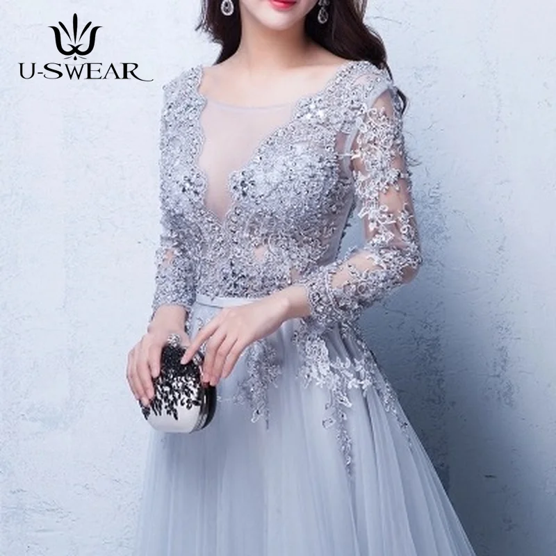 U-SWEAR Sexy Fashion Evening Dresses Long O-Neck 3/4 Sleeves Lace Appliques Court Train Formal Gown Party Dress Vestido De Festa
