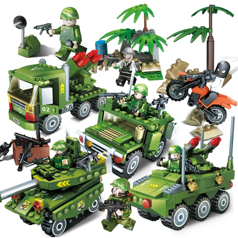 

GUDI Military Artillery Police Dog Tank Tornado Storm Soldiers Gun Chase Action Model Building Block Set DIY Toys For Kids Gifts