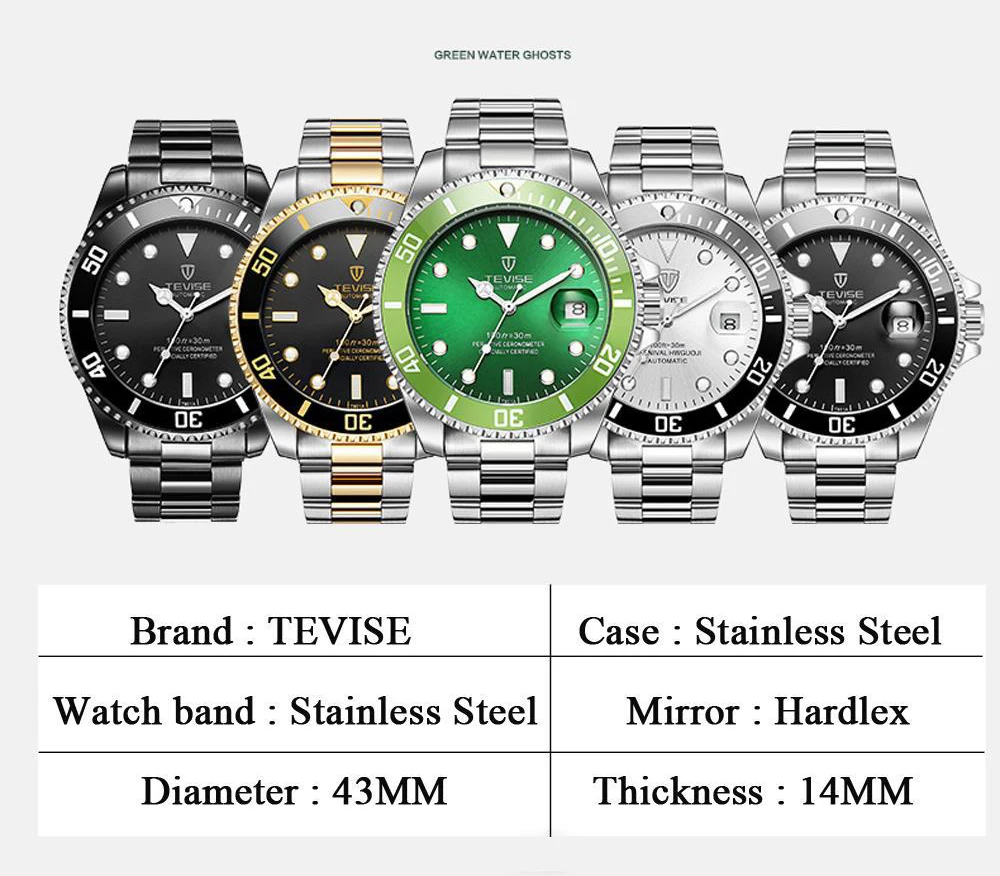 Роскошные Tevise Relogio automatico Masculino Мужчины механические часы Мода зеленый Водонепроницаемый Спорт Бизнес наручные часы мужской часы