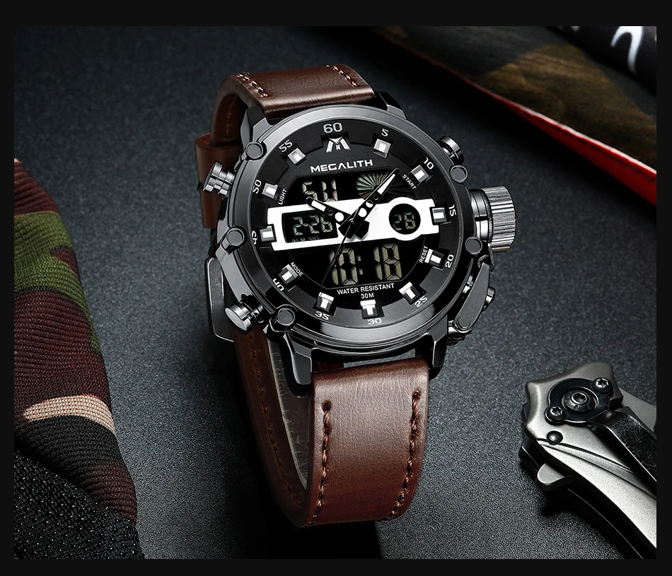 MEGALITH модные спортивные кварцевые часы для мужчин двойной дисплей Аналоговый Цифровой светодиодный наручные часы водонепроницаемые часы