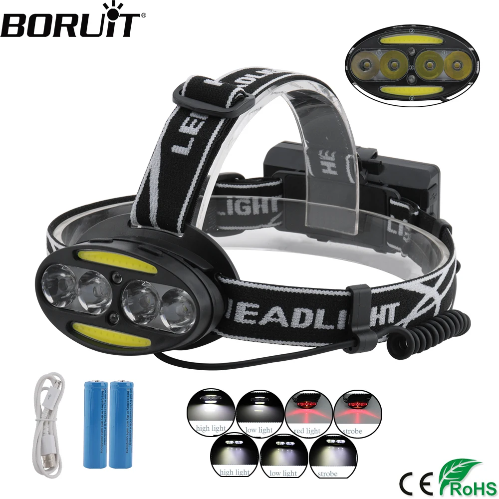 

BORUiT 20000Lumen USB Charger Headlight XML-T6 COB LED Headlamp 7-Mode Waterproof Flashlight Hunting Head Torch by 18650 Battery