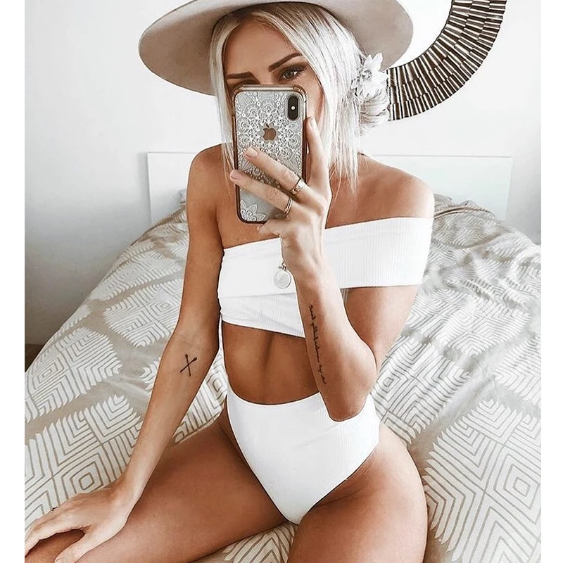 Preise 2019 neue Sexy Eine Schulter Bikinis Badeanzug Frauen Bademode Solid Bikini Hohe Taille Badeanzüge Sommer Strand Tragen Schwimmen Anzug