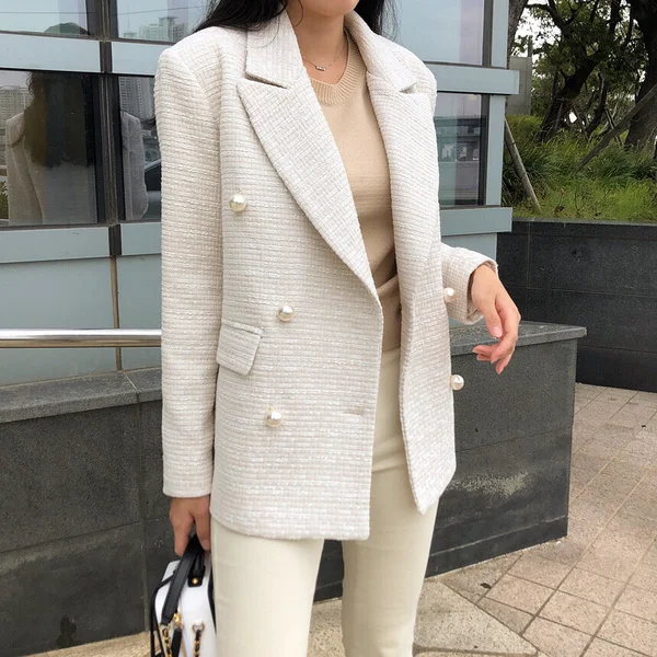 Маленький ароматный модный Блейзер двубортный твидовый пиджак пальто Женская зубчатый длинный рукав Жемчуг женская верхняя одежда блейзеры - Цвет: creamy-white