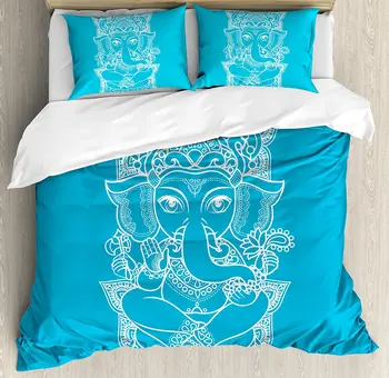 

Elephant Duvet Cover Set Ancient Elephant with Crown Doing Yoga Mandala Pattern Bohemian Asian Zen Style Bedding Set Blue White