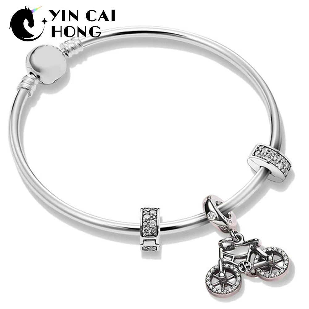 

YCH 100% 925 Sterling Silver ZT0261 Commemorative Moments Spring Strings Gift Bracelet Set Bicycle Hanging Glamour Jewelry