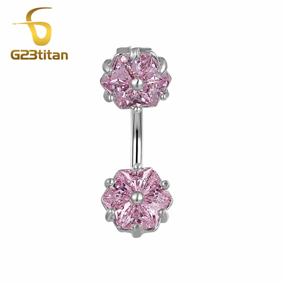

Double Pink Zircon Flower Belly Button Rings 14G Surgical Titanium Barbell Navel Piercing Earring Belly Dance Bar Body Jewelry