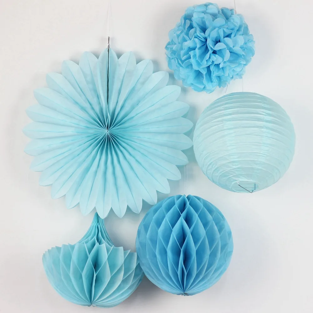 

Blue Paper Decoration Set Paper Crafts(Paper Lantern,Paper Fans,Pom Pom,Honeycomb Balls) for Wedding Birthday Party Nursery