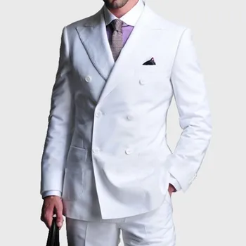 

Double-Breasted White men suit Tuxedos 2017 Groomsmen Mens Wedding Party Dinner Best Man Suits men Blazer wear (Jacket+Pants)