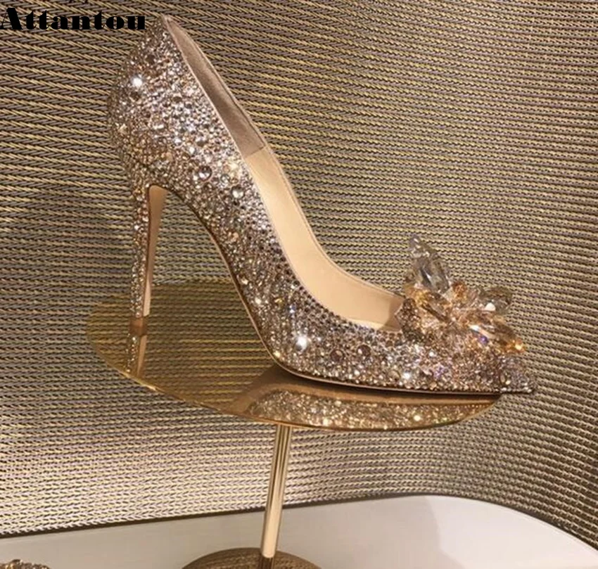 Women Pumps Black Crystal Cinderella High Heels Design Sexy Gladiator Thin Heels Women Rhinestone Slip On Party Shoes
