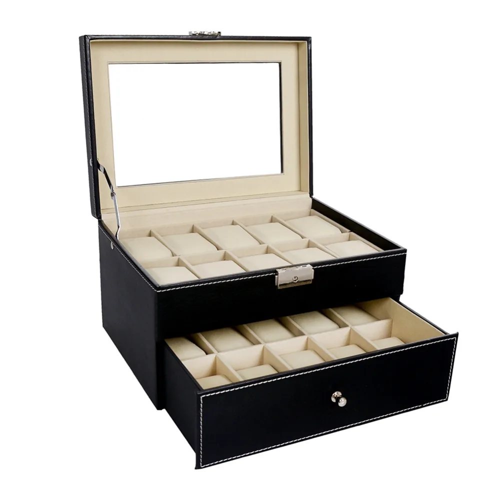 

2017 New Promotion 20 Grids Slots PU Leather Double Layers Watch Box Jewelry Display Storage Case Watches Container Organizer
