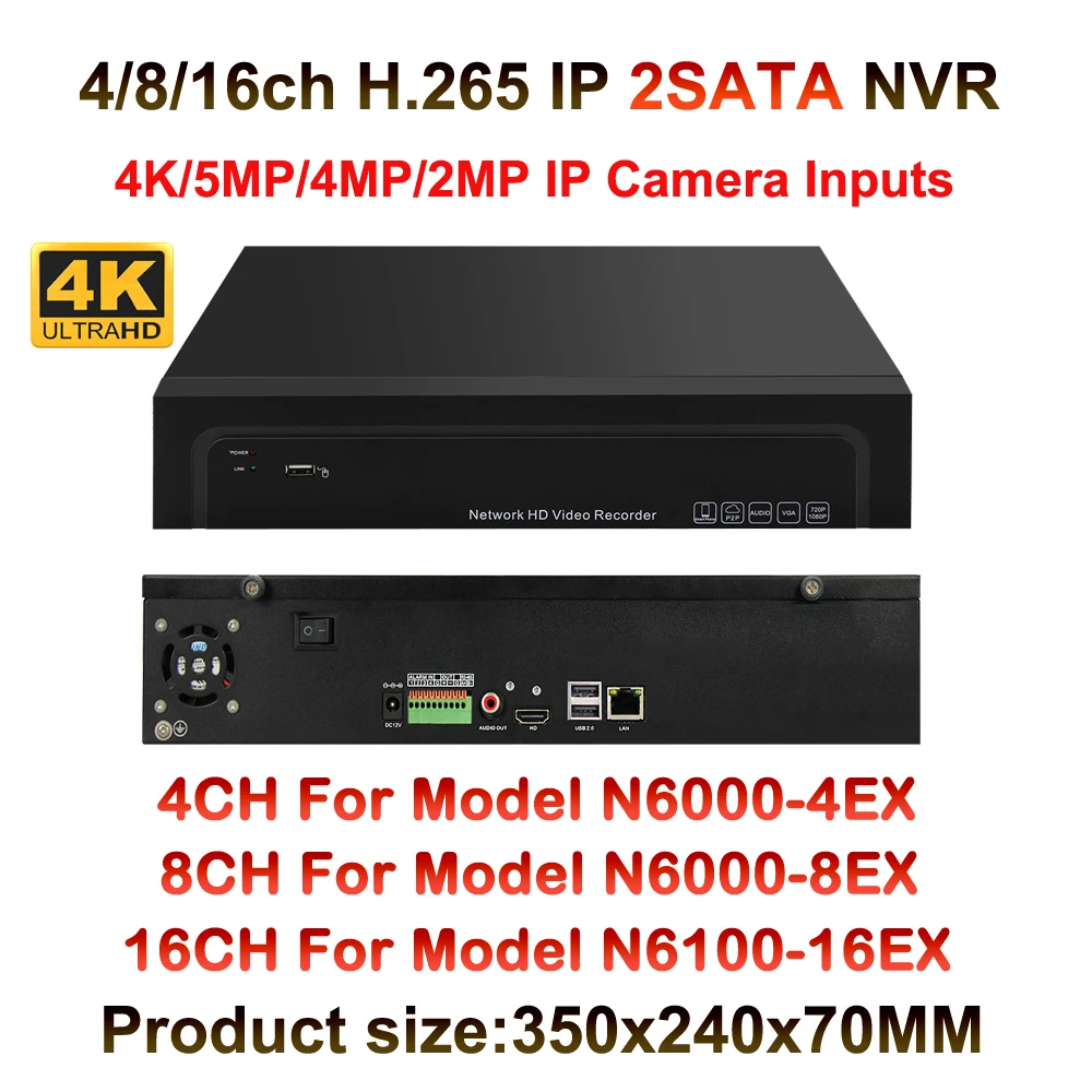 4 К/5MP/4MP/3MP/2MP Onvif HD цифровой 4CH 8CH 16CH H.265 CCTV NVR безопасности HDMI Выход, Сетевое Видео Регистраторы 2 SATA Порты и разъёмы Onvif P2P