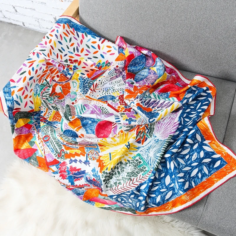 

Luxury Brand Shawl Silk Scarf Women Floral Print 100% Twill Silk Scarfs Female 90*90cm Fashion Square Shawls Scarves For Ladies