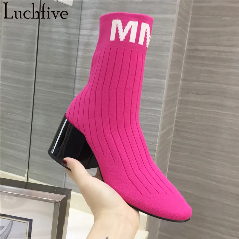 

2018 rose orange Elastic Ankle Boots for Women High Heels Knitted stretch casual letter sock shoes runway design short boots