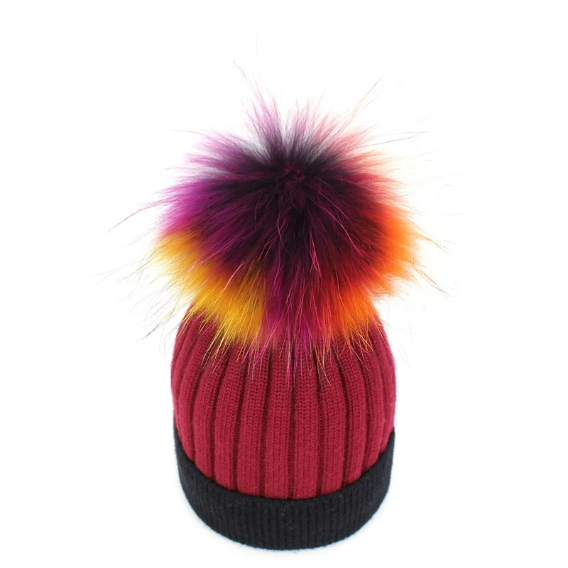 Minhui Натуральный мех Шапки Для женщин Skullies шапочка Кепки S трикотажные Gorro Pom Hat Обувь для девочек зимние Кепки капот Шапочки - Цвет: red