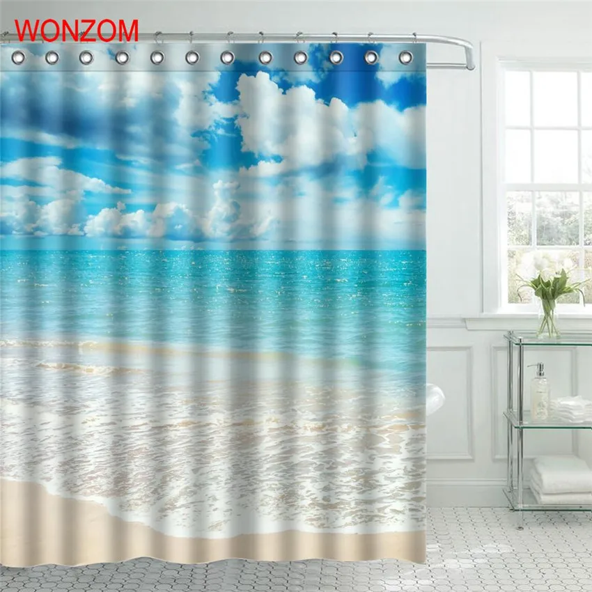 Shower Curtain With 12 HooksBeautiful Blue Sea Beach Waterproof Bath Bathroom 