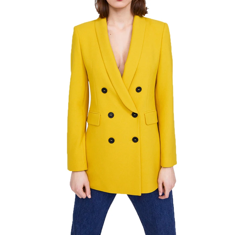 

Spring 2019 casual yellow blazer women long sleeve coat women double breasted womens clothing long blazer