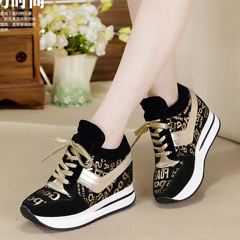 

US4-10 Women Shoes Wedge Hidden Heels Lace Up Platform Sneakers Round Toe Korean Style Gold Sliver Plus Size A90