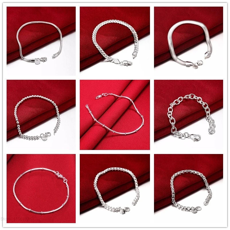 

Men's Bracelet Silver 925 Jewelry 20cm Slim Thin Snake/Beads/Box/ twist Rope Chains bracelet bangle Pulseira de Prata 9 Styles