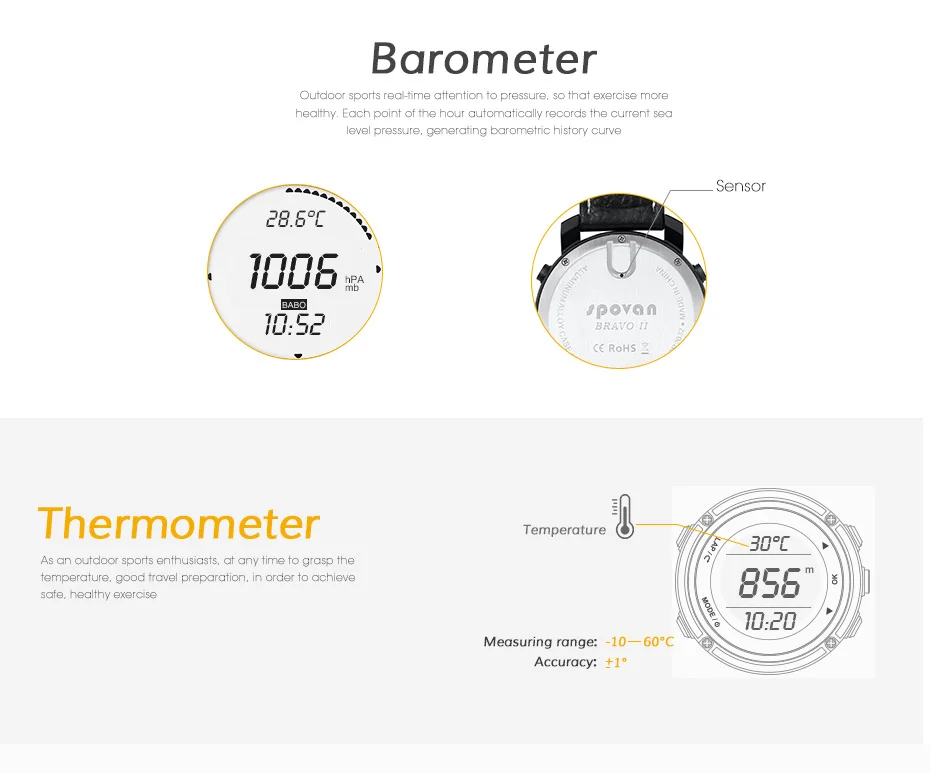 SPOVAN обновленный Bravo2S мужские спортивные военные 5 бар водонепроницаемые наручные часы с компасом, альтиметром, барометром, компасом, термометром и т. д