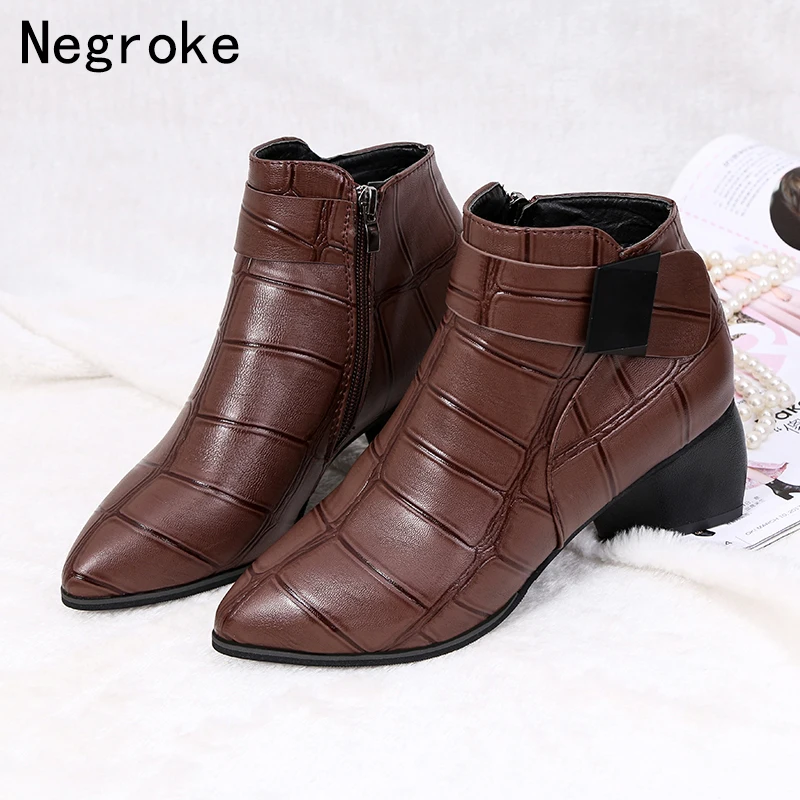 

Women Ankle Boots Block High Heels Short Boots 2018 Winter Pointed Toe Botines Rubber Shoes Woman Black Botas Zapatos De Mujer