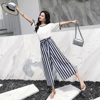 

Fashion Chiffon Striped Wide Leg Pants Two Piece Set Summer Casual Temperament Women's Suit Chic Thin Clothes For Women