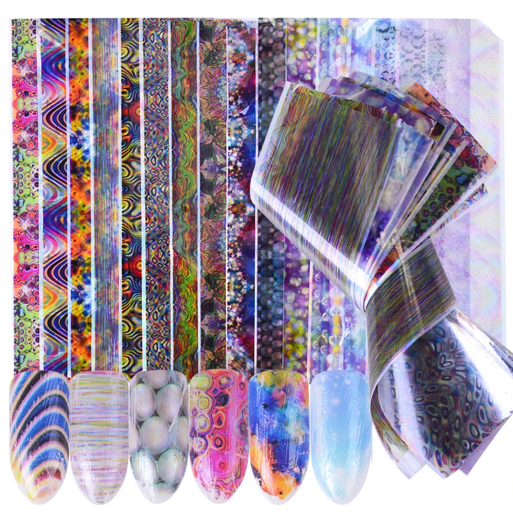 

16pcs Holographic Sticker Nails Foils Bubble Stripe Starry Nail Art DIY Adhesive Tips Polish Gel Designs Nail Decal Set SCH115