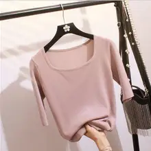 Дневники Кэрол трикотажные сезон: весна-лето футболка Для женщин Повседневное для девушек, с рукавом до локтя, футболка эластичность, вязанный топ с квадратным вырезом Женская футболка