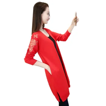 

New Ladies' spring and autumn thin knit cardigan Women's new lace sleeve knit jacket Long loose large size sweater