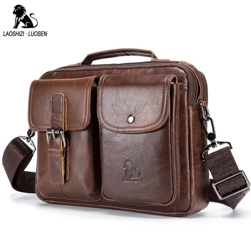Koop LAOSHIZI LUOSEN Echt Lederen Mannen Schoudertas Handtas Vintage Koeienhuid Crossbody Tas Tote Business Casual Mannen Messenger Bag