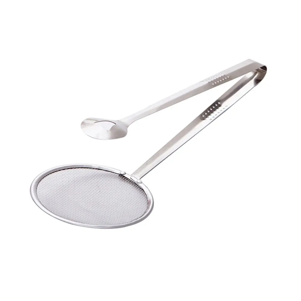 

2-in-1 Stainless Steel Colander Spoon with Clip Oil Filter Grid Scoop Fryer Tongs Frying Mesh Colander Kitchen Tools Accessories