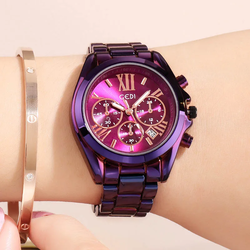 GEDI Бизнес Кварцевые для женщин часы модные женские часы для женщин часы нержавеющая сталь ремешок дамы наручные часы Роскошные час - Цвет: Purple women watch