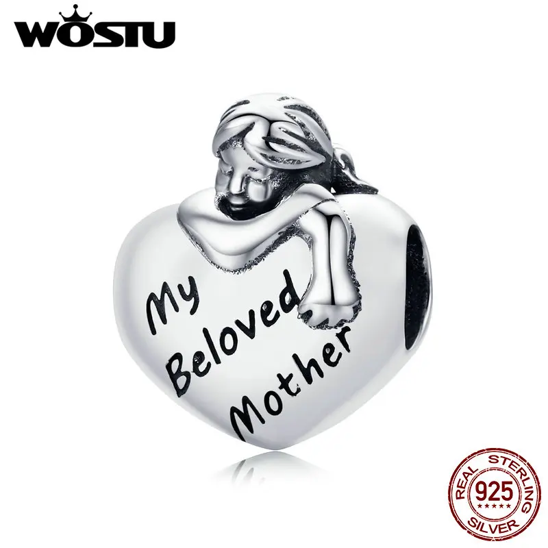 

WOSTU Original Real 925 Sterling Silver My Beloved Mother Heart Charm fit Beads Bracelet DIY Jewelry Birthday Gift CQC650